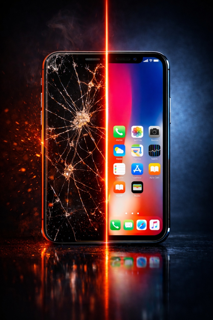 Cracked smartphone screen before and after repair