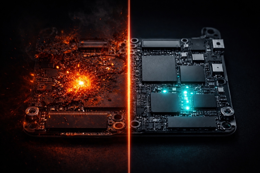 Damaged circuit board before and after restoration
